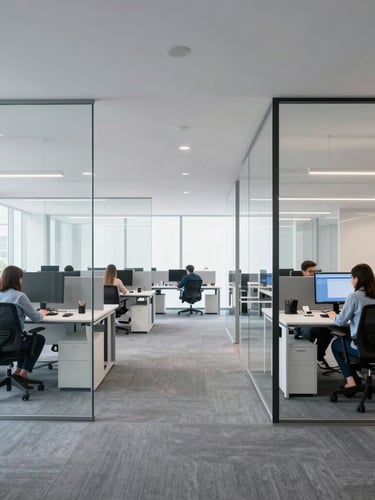 Wide architectural shot of a bright modern tech workspace with glass partitions, clean lines, and researchers working at minimalist desks, natural daylight.