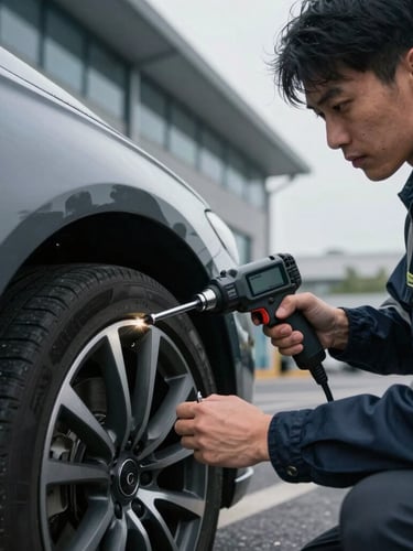 Close-up of a professional technician in high-visibility gear using a digital torque wrench to secure a wheel on a premium car parked outside an office building, dramatic overcast lighting, 35mm lens.