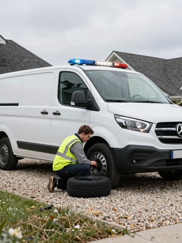 Clean modern service van parked in a gravel driveway of a suburban home, a professional technician in high-visibility uniform fitting a tyre, bright overcast daylight, sharp automotive photography, 35mm lens.