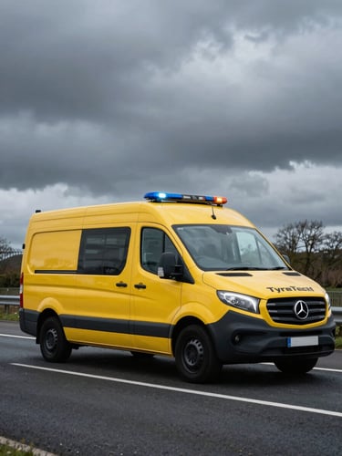Low-angle shot of a modern yellow and black TyreTech1 service van parked securely by a UK highway under dramatic overcast daylight, high-contrast cool tones
