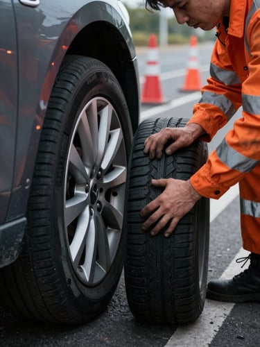 Close-up of a professional technician in high-visibility orange gear securing a new tyre onto a car wheel at the roadside, safety cones in the background, daylight.