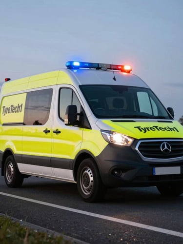 Low-angle shot of a TyreTech1 mobile workshop van with yellow safety stripes, emergency strobe lights active, parked on a UK motorway shoulder at dusk, sharp automotive photography.