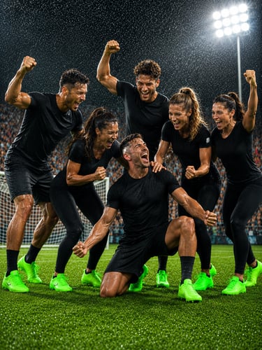 Grupo celebrando un logro durante entrenamiento en equipo.