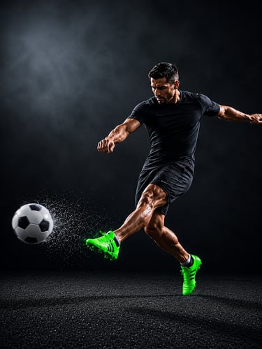 Futbolista golpeando un balón para desarrollar potencia y coordinación.