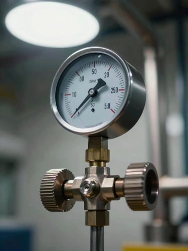A close-up vertical shot of a high-precision pressure gauge mounted on industrial steel piping, dramatic overhead lighting, sharp focus on the dial, clean industrial environment.
