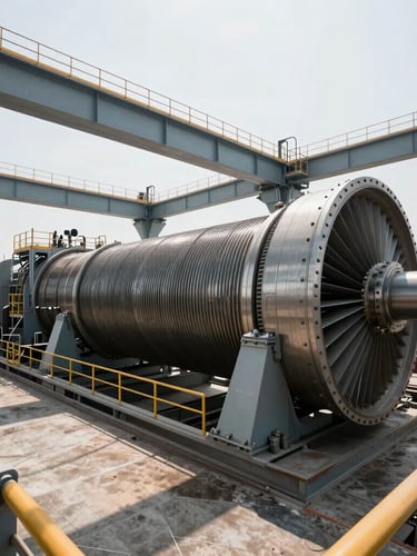 Wide-angle environmental shot of a massive industrial turbine deck, steel structures, overhead gantries, clean high-contrast overcast light casting sharp geometric shadows. Proper PPE visible on distant personnel. No faces.