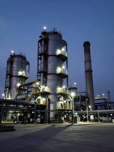 Wide-angle dramatic shot of an industrial power plant at dusk, massive steel structures and exhaust stacks silhouetted against a deep blue overcast sky, sharp functional safety lighting casting long shadows on the concrete deck, high contrast, industrial realism.