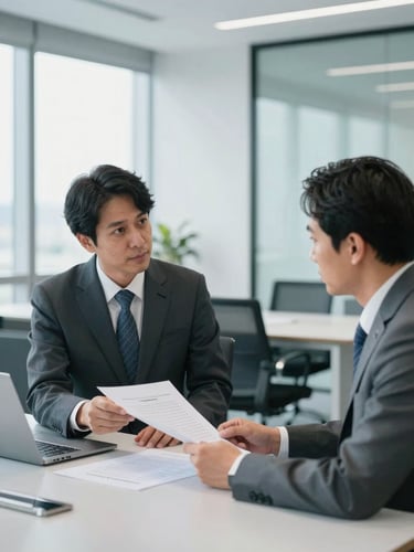 Professional business matching meeting in Jakarta, Japanese executive and Indonesian partner reviewing a structured agreement document, bright natural office light, modern office interior with blue and grey tones
