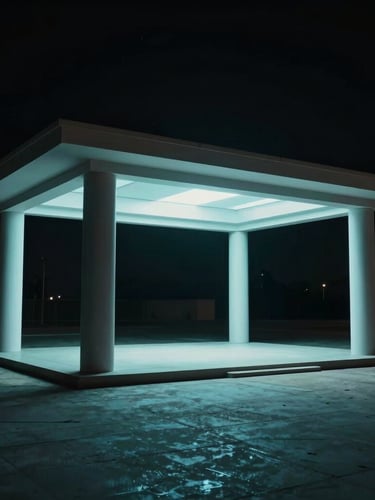 Cinematic Unreal Engine viewport capture of a futuristic architectural pavilion, sharp directional cyan studio light, high-contrast dark shadows, wide-angle 16:9 frame