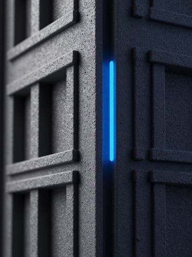 Extreme close-up of a high-fidelity 3D architectural render, dramatic low-key lighting with sharp cyber-blue accents, hyper-detailed textures, cinematic viewport frame.