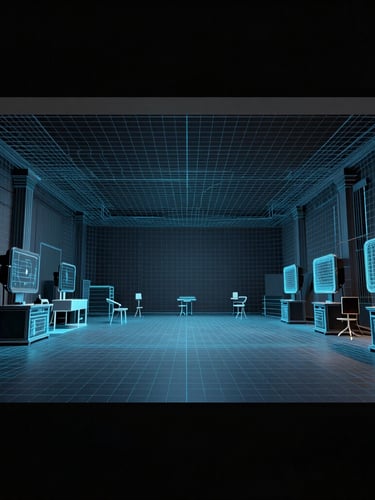 Wide panoramic Unreal Engine viewport capture, wireframe mesh overlay transitioning into a photorealistic cinematic environment, dark studio lighting, electric blue highlights.