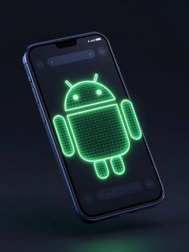 Sleek dark-mode digital rendering of an Android device mockup floating at an isometric angle, glowing neon green UI wireframe on screen, low-key dark background