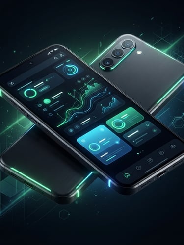 Sleek dark-mode digital rendering, neon green accent lighting, high-fidelity UI mockup on an isometric Android device, 3d render