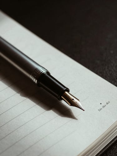 Moody high-contrast close-up of a fountain pen resting on a technical notebook, dramatic side-lighting, deep shadows, 35mm film style