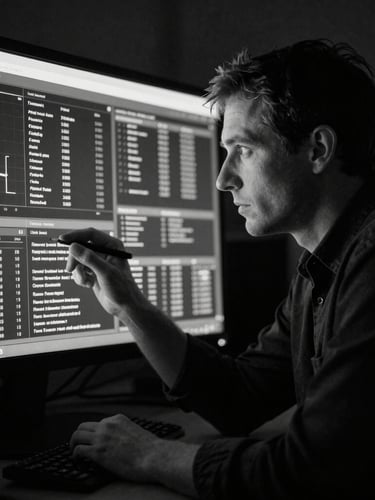 High-contrast black and white portrait of a focused strategist reviewing a technical data dashboard, dramatic side-lighting, sharp focus, 35mm film