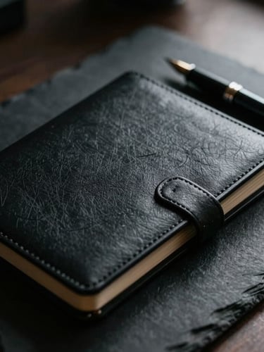Tight macro crop of a black leather notebook and a fountain pen on a dark slate desk, dramatic side-lighting, high-contrast, desaturated cool tones, sharp focus, 35mm film