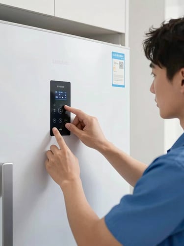 A close-up of a professional technician in a clean uniform adjusting the digital temperature control panel of a modern Samsung refrigerator, bright clean home lighting.