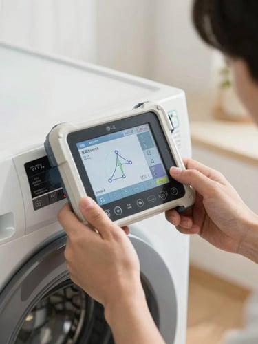 Close-up of professional technician hands using digital diagnostic equipment on an LG washing machine control panel, bright home interior lighting