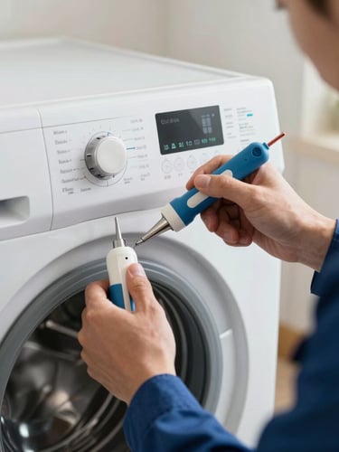 Close-up of professional hands using diagnostic tools on a modern washing machine electronic control panel, bright natural home lighting, technician uniform visible