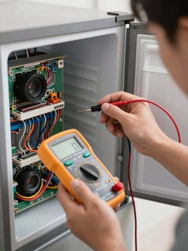 Close-up of a professional technician's hands using a digital multimeter to test the electrical circuits on the back panel of a modern refrigerator, bright clean indoor lighting, sharp focus on the tool and wires.