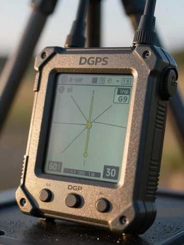 Macro close-up of a rugged DGPS field controller screen displaying GPS coordinate locks, bright morning sun reflecting off the casing, tripod legs visible in soft focus background.