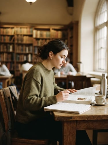A quiet medium-wide environmental portrait of a student studying in a sunlit library, warm muted tones, shallow depth of field, 35mm lens.
