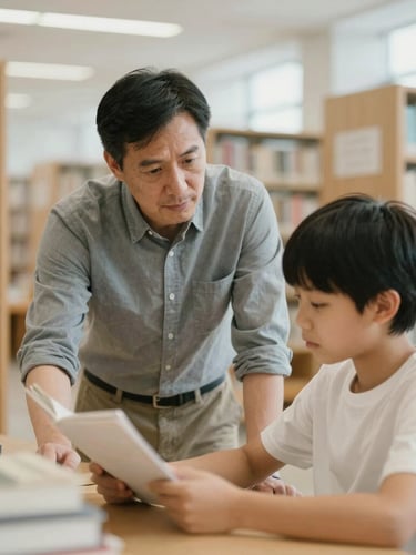 A medium environmental portrait of a mentor guiding a young student in a modern, sunlit library, warm muted tones, soft natural daylight, 35mm lens