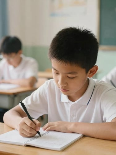 A medium environmental portrait of a young student focused on writing in a notebook in a sunlit classroom, warm muted tones, soft natural daylight, documentary style.