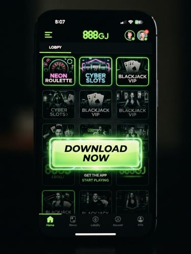 Close-up of a mobile phone screen displaying the 888GJ game lobby with a prominent download button, neon green glow, dark high-contrast gaming aesthetic, 35mm, portrait aspect ratio