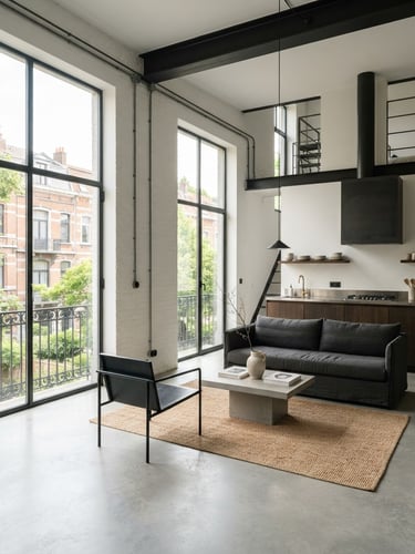 Crisp architectural photography of a bright, newly renovated Belgian apartment with large windows, dust-free concrete floors, high-contrast industrial tones, sharp focus.