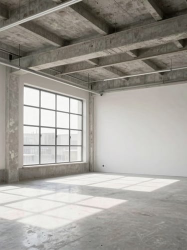 Pristine dust-free completed interior after professional post-construction cleaning, bright natural daylight, crisp architectural photography, high-contrast industrial tones