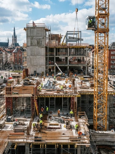 Crisp architectural photography of an active Belgian construction site, sharp focus, natural daylight, high-contrast industrial tones, 35mm lens