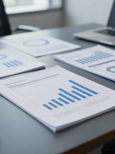 Close-up of corporate financial documents and analysis charts on a clean boardroom table, natural office daylight, cool navy and slate tones, sharp focus.