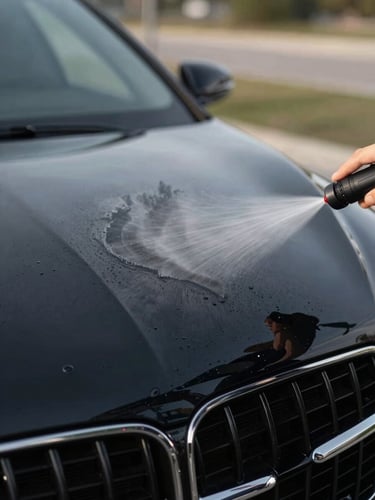 A close-up of waterless polymer formula being misted onto a pristine black luxury car fender, soft natural daylight, shallow depth of field, 35mm