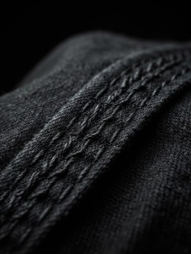 Extreme close-up of heavy double-faced cotton stitching on a black garment, dramatic chiaroscuro studio lighting, deep shadows, high contrast black background, sharp focus, 85mm