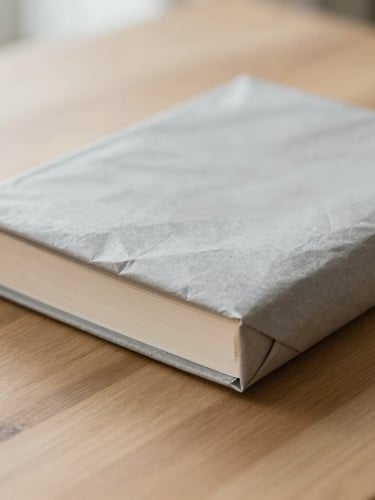 Close-up of a hand-wrapped book in grey butcher paper resting on a clean wooden table, soft diffused morning daylight, muted earth tones.