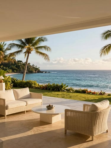 Clean architectural photo of a high-end villa terrace in Guadeloupe, warm golden-hour tropical sunlight, pristine outdoor furniture, deep ocean view in background, 35mm lens