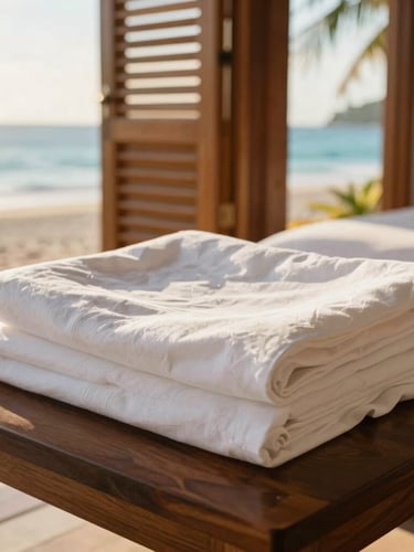 Close-up of crisp white linens neatly folded on a dark wood bed in a bright tropical villa, soft golden-hour sunlight filtering through wooden shutters, 35mm.