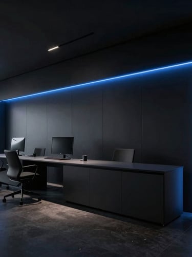 Sleek modern digital agency office in Munich, ultra-clean Swiss design aesthetic, low-key dramatic studio lighting with sharp electric-blue rim lights, high contrast