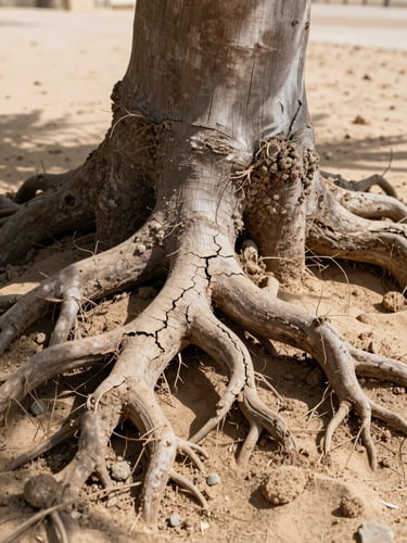 Close environmental shot of exposed tree root zone in sandy Dubai soil, thick lateral roots cracked and heaved at the base of a large trunk, harsh midday light casting deep shadows across the root flare, crumbling soil edge visible, no people