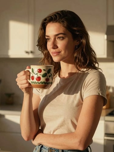 Candid medium shot of Ms. Cherry in a sun-drenched California kitchen, holding a beautifully designed ceramic mug, warm golden hour light casting soft shadows, cinematic 16:9 frame.