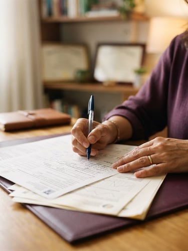 Close-up of a Colombian psychologist's hands reviewing documents at a desk, soft natural daylight, deep grape and warm neutral tones, professional documentary style, 35mm