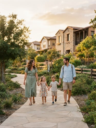 A warm family walking through a modern gated community park, golden hour light, beautiful houses in the background, 35mm photography