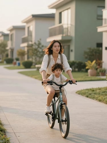 Warm editorial portrait of a mother and child riding a bicycle on a paved path inside a modern green gated community, golden hour natural light, soft focus, shallow depth of field, 35mm.