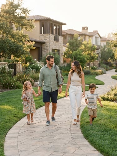A bright environmental photo of a young family walking together on a paved path inside a modern gated community, lush green lawns, soft golden hour sunlight, warm editorial photography, 35mm