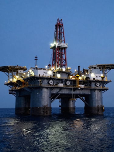 Dramatic industrial photography, cold blue-hour lighting of a massive Canadian offshore oil rig in deep water, metallic tones, wide-angle lens