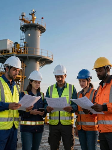 Low-angle heroic portrait of a diverse team of engineers in high-visibility safety gear and hardhats, holding technical schematics on an offshore platform deck, crisp daylight.