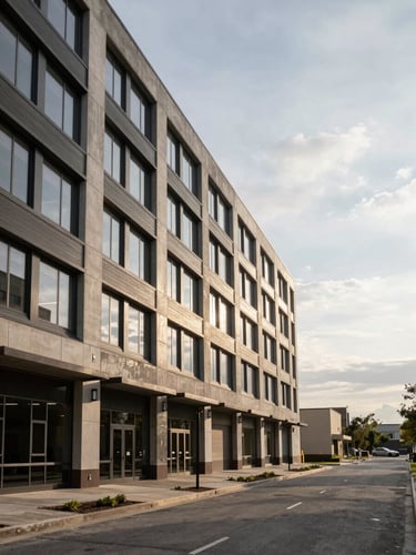 Wide environmental shot from the left edge of a completed mid-rise commercial building facade, natural overcast daylight, warm concrete and steel cladding in sharp detail, empty street foreground establishing scale, subject occupies left two-thirds of frame with open sky to the right