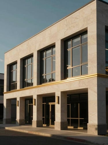 Vue latérale d'un mockup architectural élégant d'un campus chrétien moderne, façade en pierre claire et verre, lumière du soleil du matin, ciel clair, style cinématographique.