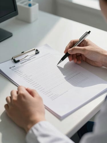 Close-up of a physician's hands holding a printed laboratory report on a consultation desk, a pen resting across the page, natural window light casting soft shadows across the paper surface, clean clinical environment, no faces, tight framing on hands and document detail
